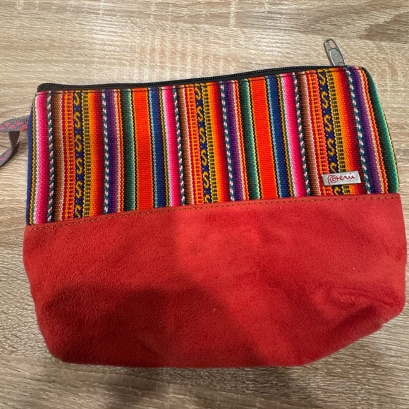 peru Handbags - Colorful Striped Cosmetic Bag with Red Accent